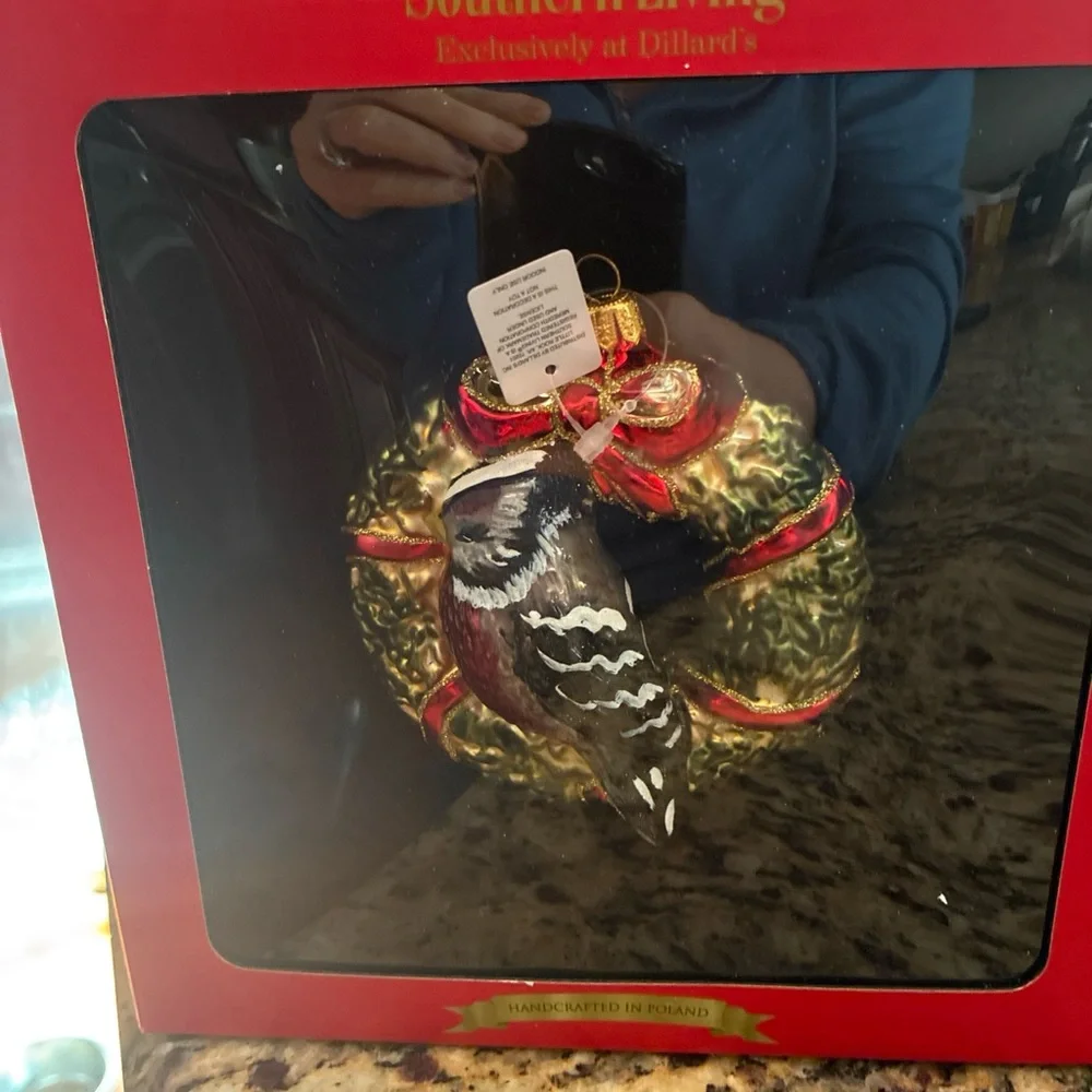 Southern Living NIB Festive Bird Mouth Blown Glass Ornaments, Set of 2